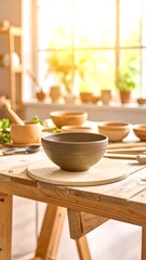 A simple, earthenware bowl sits on a pottery wheel, surrounded by other ceramic pieces in a sunlit studio
