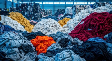 Pile of Discarded Textiles and Clothing Awaiting Recycling in a Warehouse Setting for Sustainability