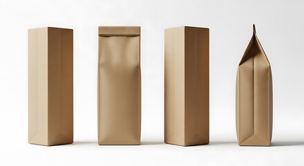 Four Brown Paper Bags Mockup Isolated on White Background for Product Packaging Design and Branding Presentation