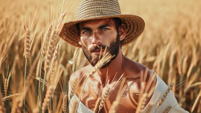 A video of a farmer in the field. A peasant man in a straw hat. 