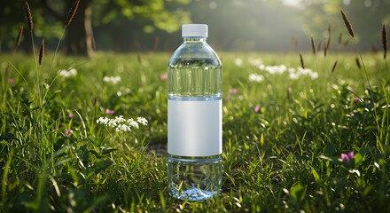 Plastic Water Bottle in Outdoor Natural Setting for Product Mockup