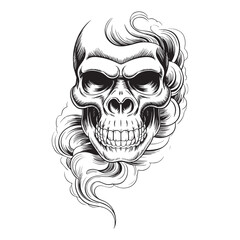 Fototapeta premium Detailed evil skull with smoke horror tattoo style monochrome gothic art for edgy apparel vector illustration design 