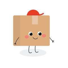 Funny cartoon delivery cardboard box in red cap