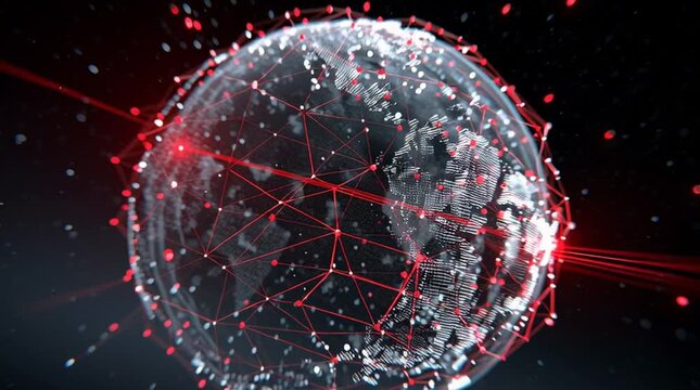 An abstract 3D globe with thousands of blue arrows representing global data flow and international connections