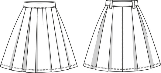 Pleated skirt flat sketch, front and back view, women’s skirt technical drawing, fashion design template, apparel vector illustration for garment manufacturing