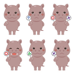 ○×△の札を持ったカバのキャラクターイラストセット