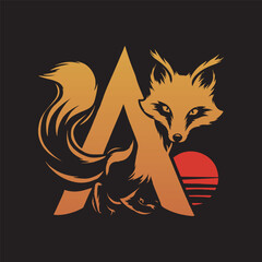 Stylized fox with abstract shapes and red sun in elegant artistic composition vector illustration design