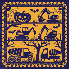 Halloween construction vehicle icons with pumpkins and spooky theme in square layout vector illustration design