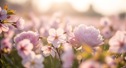Whispers of Dawn: A Field of Blush and Petals Unveiled in Golden Light







