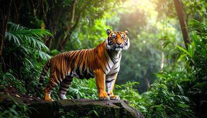 a tiger standing in a lush forest environment, with ferns visible around its base. the tiger is looking directly at the camera, giving a sense of connection between viewer and animal