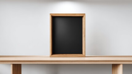 Blank Chalkboard Mockup on Wooden Table Against White Wall with Spotlight, Perfect for Displaying Menu or Promotion