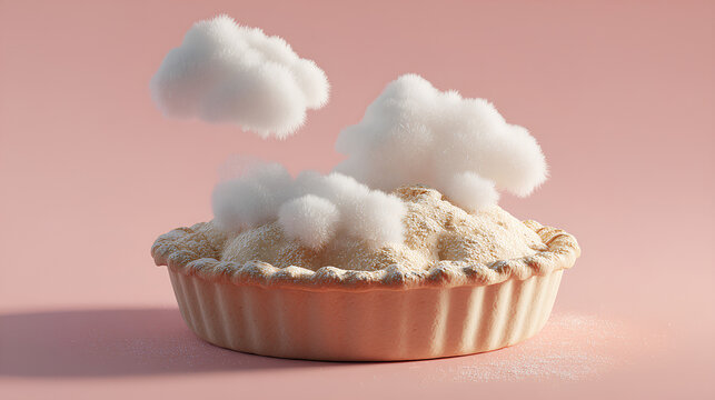 A fluffy cotton cloud shaped like a giant apple pie, with steam-like clouds rising from the top as if freshly baked