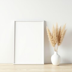 Naklejka premium Frame mockup a white frame next to a vase with pampas grass against a white wall on a wooden surface indoors