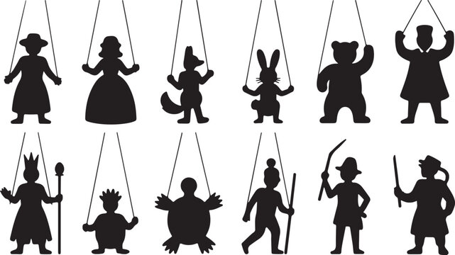 Collection of diverse silhouette puppets suspended by strings against a white background
