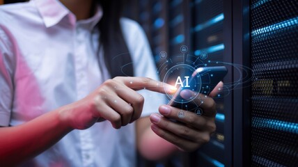 AI and Technology - A woman using a smartphone with "AI" text and a network of icons, symbolizing artificial intelligence and digital innovation