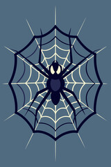 Fototapeta premium Stylized dark spider sitting on a cream and dark blue web against a muted blue background
