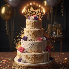 wedding cake with candles and flowers