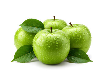 Four vibrant green apples glistening with fresh water droplets, adorned with natural leaves, perfect for health and wellness themes.