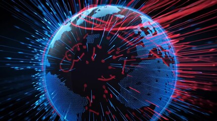 An abstract 3D globe with thousands of blue arrows representing global data flow and international connections - Powered by Adobe