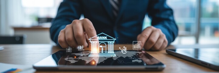 Online Banking - A businessman's hand interacting with a tablet displaying a world map and a glowing bank icon, symbolizing global financial services