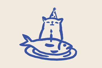 Cat with Fish Cake in Party Hat — naive sketch vector illustration