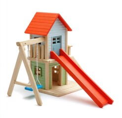 Colorful wooden playhouse with swing and slide (1)