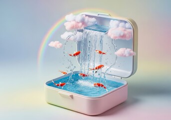 Miniature waterfall cascading into a pastel box, goldfish leaping, rainbow backdrop.