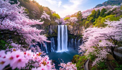 満開の桜の花の間から見える放水中のダムの風景