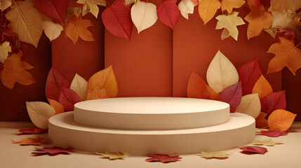 Autumnal stage display with leaves and podium for product presentation and seasonal themes