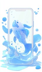A smartphone displaying a light blue fish, immersed in a splash of blue liquid