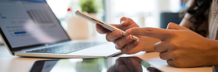 Digital Multitasking - A person's hands typing on a laptop while holding a smartphone, symbolizing efficient digital communication and multitasking