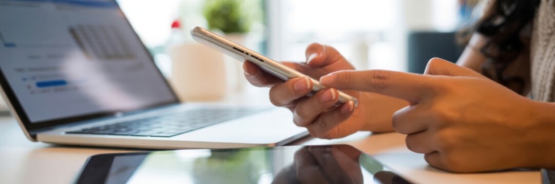 Digital Multitasking - A person's hands typing on a laptop while holding a smartphone, symbolizing efficient digital communication and multitasking