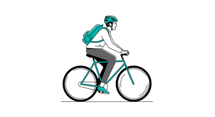 A person with a helmet and backpack riding a bicycle in a side view illustration