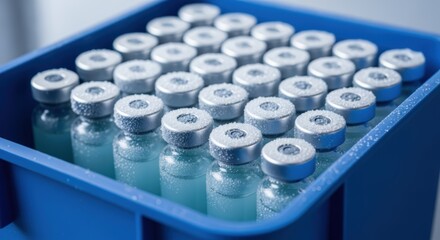 Pharmaceutical Vials Stored in Tray: Medical Research, Vaccine Development and Cold Chain Logistics Concept