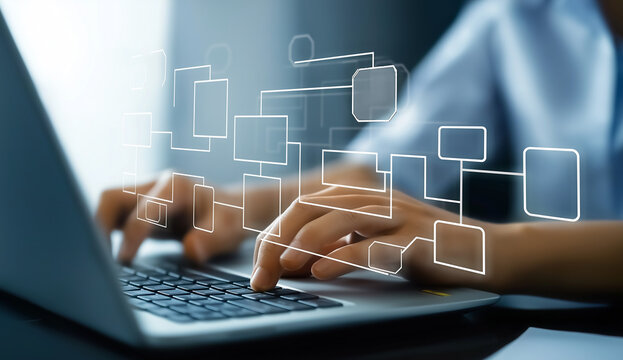 A person using their laptop to create an online flowchart, symbolizing the process of creating digital marketing and advertising template designs for business