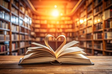 Open book with pages forming a heart shape in a library, representing love for reading and knowledge