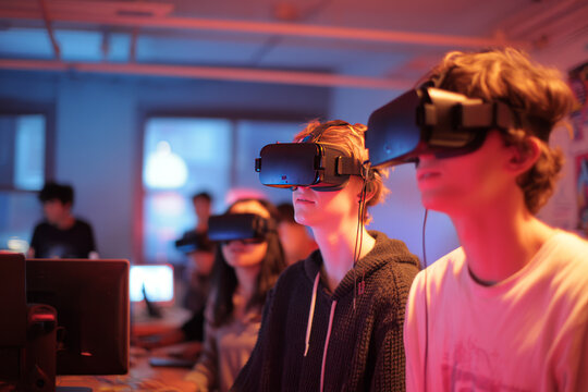 Afternoon in a virtual reality room with headsets and computers Young collaborators explore new ways to connect across cultures