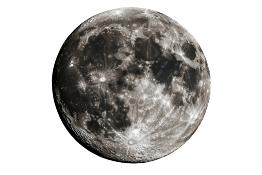 Full moon in clear detail showcasing craters and lunar surface features isolated on a transparent background for celestial art and design purposes