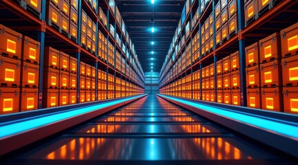 A warehouse interior with rows of shelves filled with boxes and conveyor belt
