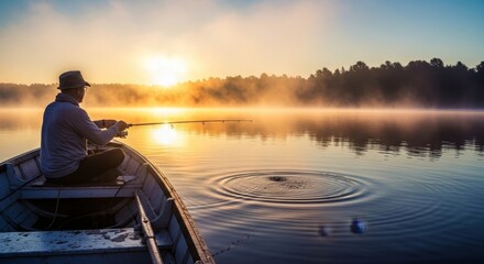 A lone fisherman casts his line from a small boat on a calm lake at sunrise, with mist rising from the water.