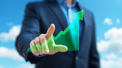 Businessman in a suit touches a virtual screen with his finger, symbolizing technological success and digital communication.
