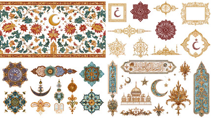 Islamic ornaments and mosque motifs with arabesque floral details in golden colors, ideal for Ramadan, Eid decorations, greeting cards, and cultural design projects.