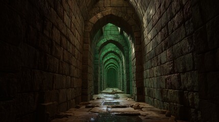 Obraz premium A long, arched passageway of stone.