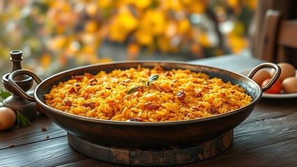 Traditional Spanish paella in a bronze pan with saffron-infused rice, set against rustic autumn foliage.