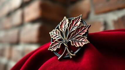 Black-red-gold enamel brooch with oak leaf motif, representing dignified symbolism.
