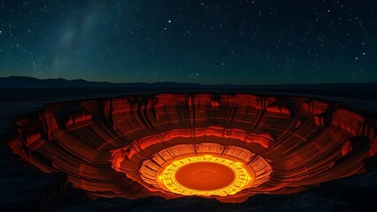 An otherworldly crater illuminated by glowing preservation symbols beneath a meteor shower.