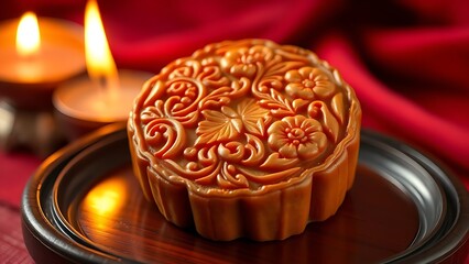 Traditional mooncake with floral patterns, placed on a lacquered tray with warm candlelight.
