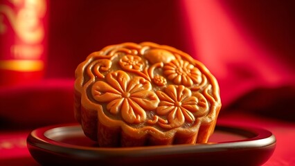 Traditional mooncake with floral imprints on a lacquered tray, golden light highlighting its glossy surface.