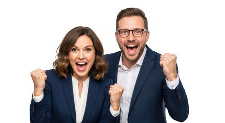 Excited business couple celebrating success isolated on transparent background