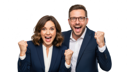Excited business couple celebrating success isolated on transparent background